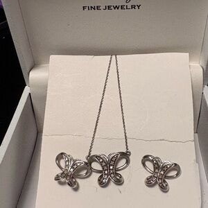 Elegant Silver With Diamond Accents Butterfly Jewelry Set